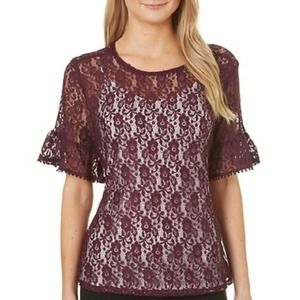 Harve Benard Pullover Short Sleeve Top/Blouse ~ Plum Color Lace ~ Small ~ NWT